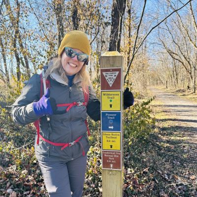 Michelle Schopp, Virginia Association for Parks, hiking at Wilderness Road State Park in Virginia