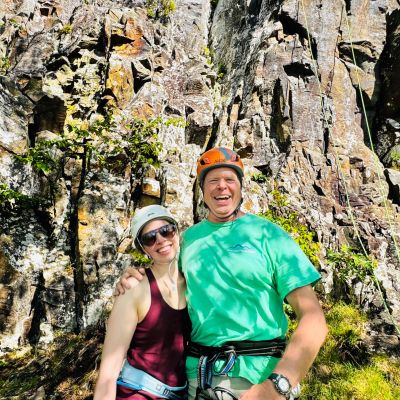 Mountain guide, Andy Nichols, with podcast host, Jessica Bowser, rock climbing at Little Stony Man in Shenandoah National Park